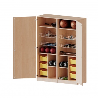 Sportschrank, 5 OH, 4 Ballkörbe, Halterungen an den Türen, 6 Boxen, B/H/T 140,6x190x60cm 